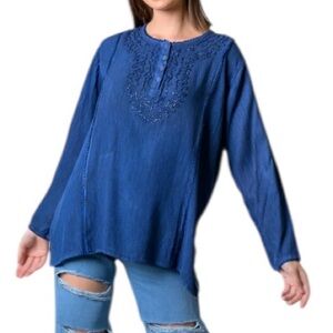 🆕 Rhea Women's Navy Embroidered Boho Tunic Top - One SiZe